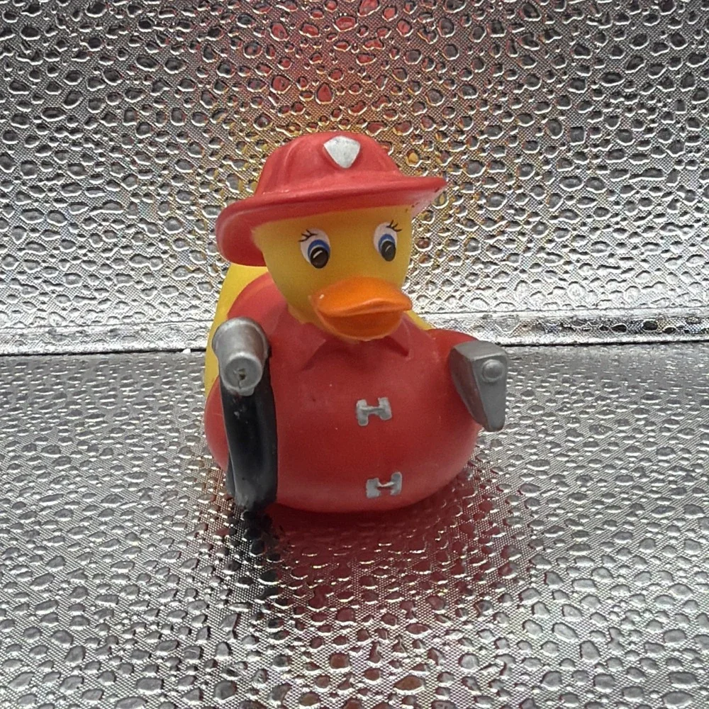 VTG Firefighter Rubber Duck Bath Toy Jeep Collectible Red Uniform‎ Hose Axe 2007
